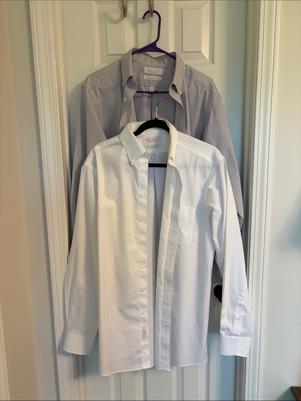 Roundtree & Yorke White Dress Shirt with Light Gray Shirt Behind
